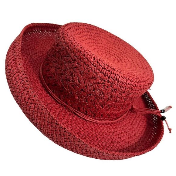 Red Berry Straw Curled Brim Hat O/S - Picture 7 of 7